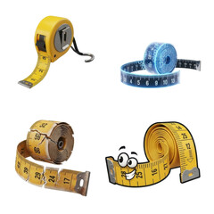 Four different measuring tapes are displayed, including a cartoon version, a broken one, and a futuristic blue tape.