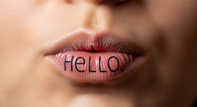 Intimate photorealistic macro shot of a person’s lips forming the word “Hello” in their native language. Emotional connection concept