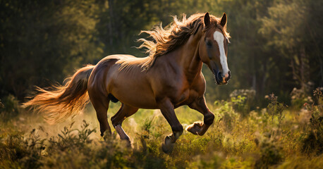 Obraz premium There is a brown horse that running in the grass design gesture elements composition layers motion illustration scene expression cartoonish creative colorful emotion style figure depth