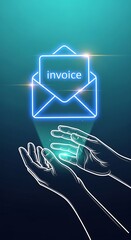 Neon glowing envelope with 'invite' message hovering above glowing hands in abstract digital space