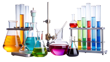 Assorted Glassware, with Colorful Liquids, cutout, PNG isolated on white or transparent background