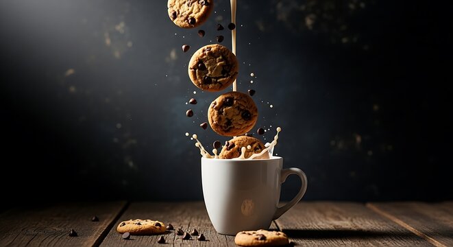 Chocolate chip cookies falling into a white mug of coffee