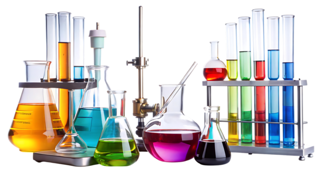 Assorted Glassware, with Colorful Liquids, cutout, PNG isolated on white or transparent background