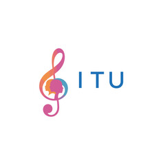 Fototapeta premium ITU “Creative music logo with human silhouettes and treble clef in gradient colors, ITU Later Logo, modern artistic design isolated on white background” 