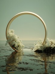 Fototapeta premium Abstract Circular Structure with White Blossoms Over Water for Modern Interior Design and Artistic Visuals