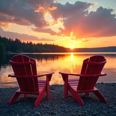 Fototapeta premium Two red adirondack chairs sit on a pebble beach facing a bright sunrise over a calm lake. Trees line the far shore under a dramatic, cloud-filled sky.