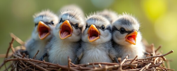 Fototapeta premium Five fluffy baby birds with open mouths sit in a twig nest on a blurred green background. These small hungry chicks await food from their parent. Young fowl peep for meals.