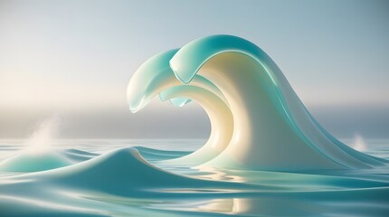 a lush 3D render of gentle ocean-inspired wave shapes in pale turquoise and cream hues, with translucent foam-like edges catching sunlight and smooth flowing lines that mimic water ripples, set agains