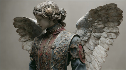 Beautiful profile of an antique angel statue with wings spread, upper body view