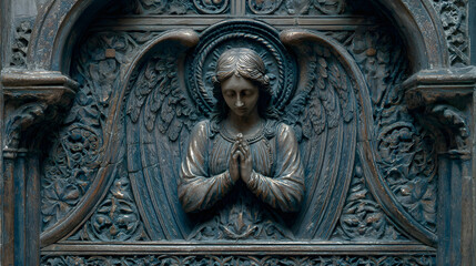 A relief of an angel praying with hands clasped together