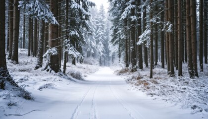 Snowy Winter Forest Landscape with Snow Covered Trees and Scenic Path
