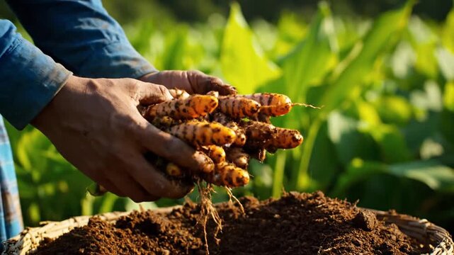 Farmer Harvesting Fresh Turmeric Roots in a Field Gathering the Crop