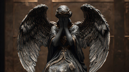 Sculpture of an angel with outstretched wings crying and covering his face with his hands