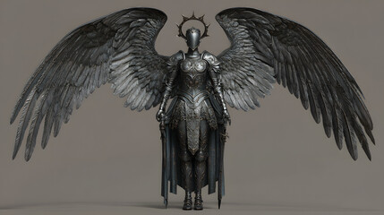 Sculpture of an angel clad in armor with outstretched wings
