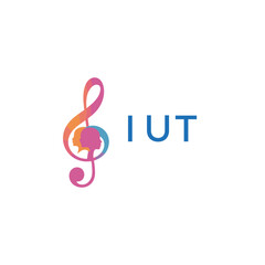 Fototapeta premium IUT “Creative music logo with human silhouettes and treble clef in gradient colors, IUT Later Logo, modern artistic design isolated on white background” 