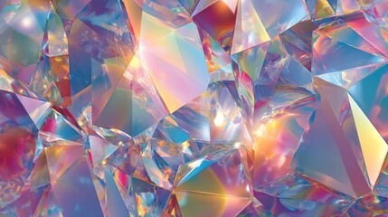 Close-up of faceted, translucent shapes with refractive, rainbow-like light patterns
