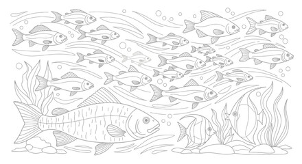 Fototapeta premium Black and White Illustration of a School of Fish Swimming in the Ocean A Coloring Page for Relaxation and Creativity