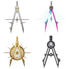 Four compass illustrations, including a standard silver compass, a magical glowing compass, a golden compass, and a compass with a smiley face.