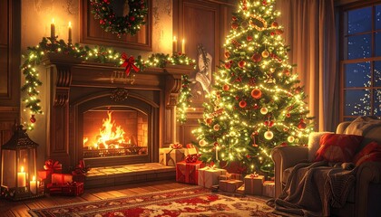 Illuminated christmas tree with presents and fireplace in cozy home interior