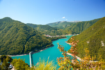 Aerial view Piva Lake bridge