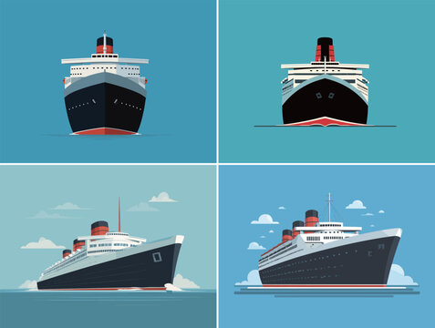 A large cruise ship is illustrated from four different angles against a bright blue background, highlighting its elegant design and prominent features.
