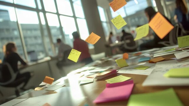 Colorful sticky notes are flying around a busy startup office during a productive brainstorming session, symbolizing the flow of ideas and collaborative work environment