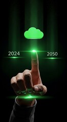 Touching green cloud with digital interface and futuristic light effects for data storage and technology concepts