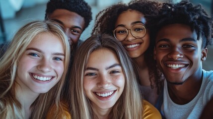 A group of young people smiling, diverse faces, friendly atmosphere.
An excellent choice for social media, advertising educational programs, articles about youth 