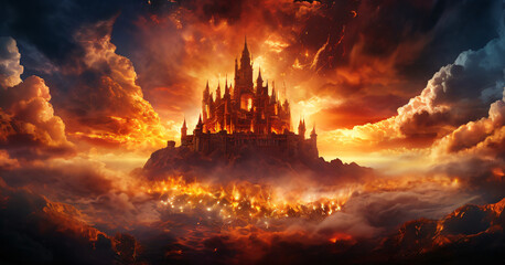 There is an image of a castle in the middle clouds depth movement illustration emotion figure design frame backgrounds colorful composition expression scene motion gesture creative