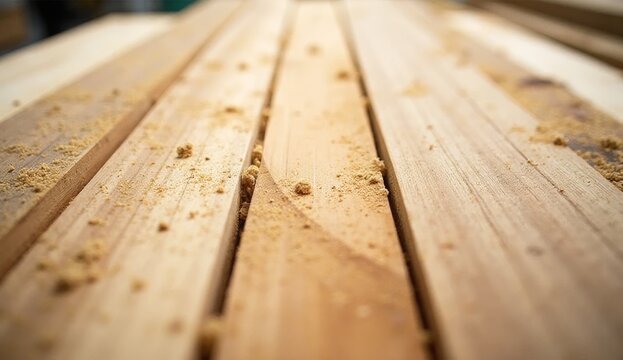 Close-up of wooden boards covered with fresh sawdust after cutting or sanding, highlighting wood texture and shavings. Ideal for woodworking, carpentry, construction, and raw material themes