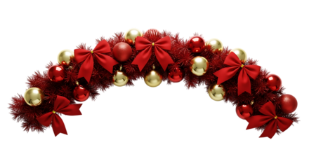 A beautiful christmas garland featuring red bows, red baubles, and gold baubles arranged in an arch against an isolated on transparent background, creating a classic and festive holiday decoration