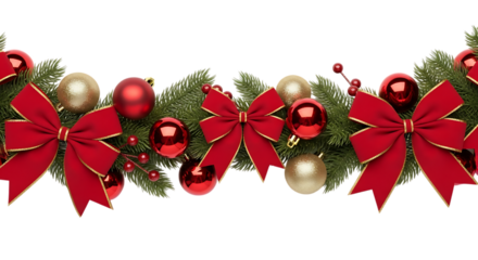 Christmas garland border isolated on transparent background featuring lush green fir branches, adorned with vibrant red bows and a mix of shiny red and gold baubles, creating a festive and elegant sea