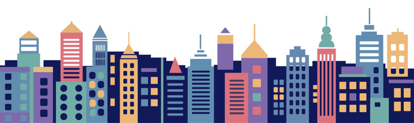 Obraz premium Row of colorful buildings forming a city skyline border, isolated on white background. Vector illustration perfect for urban, architecture, cityscape, and real estate designs.