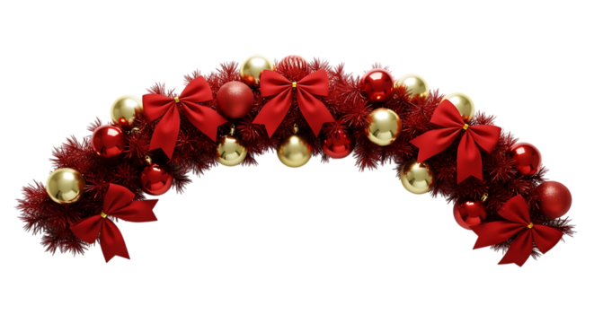 A beautiful christmas garland featuring red bows, red baubles, and gold baubles arranged in an arch against an isolated on transparent background, creating a classic and festive holiday decoration
