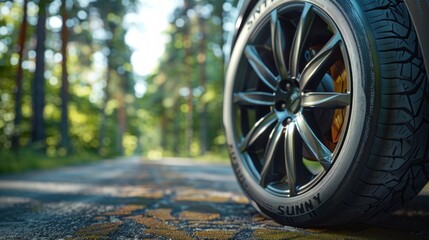 A close-up shot of a car wheel on asphalt, surrounded by nature, emphasizes the dynamics and freedom of travel, suitable for advertising cars and tourist routes.