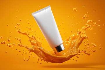 Empty white cosmetic tube mockup with splash of orange liquid on vibrant background