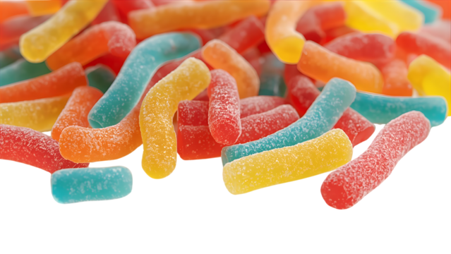 Colorful gummy worms against a black background, Sweet gummy candies in a pile on a black backdrop for a vibrant treat