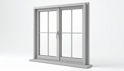 Obraz premium The image presents a 3D rendering of a contemporary, minimalistic window design, featuring a clean white frame and panes against a white background, with a handle and grids.