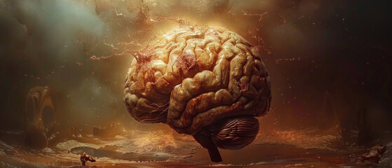 A brain with sparks and destruction against a gloomy backdrop — for materials on neurology, stress, and mental health issues.