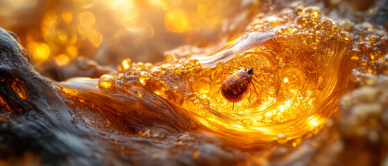 A tick in a drop of amber resin on a tree branch, the problem of parasite spread, useful for scientific publications on nature and ecology.