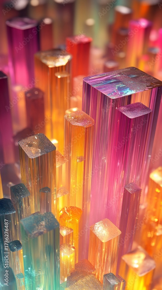 Sticker an abstract composition of colored glowing rods with ice cubes creates a bright and futuristic image