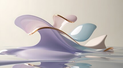 a lush 3d render of fluid flowing abstract forms with soft pastel gradients featuring gentle lavender to powder blue transitions, translucent glass-like shapes with subtle reflections floating in mini