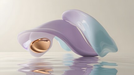 a lush 3d render of fluid flowing abstract forms with soft pastel gradients featuring gentle lavender to powder blue transitions, translucent glass-like shapes with subtle reflections floating in mini