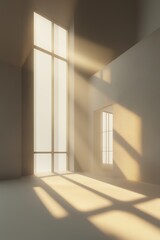 Empty glass atrium with sunlight pouring through tall windows and structural shadows
