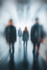 Blurry silhouettes walking inside volumetric light tunnel with glowing grids