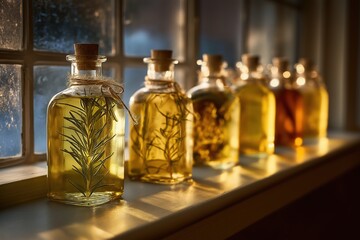 Set of glass bottles filled with infused oils and vinegars rosemary, garlic, chili lined up on windowsill with soft light