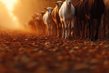 Gentle light filters through trees as livestock stroll along lea