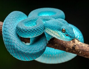 Close-up side view of a Blue viper snake (Trimeresurus insularis) on a branch attacking.