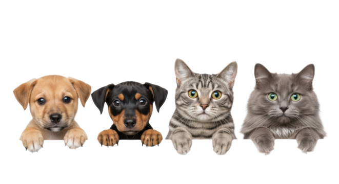 Four adorable pets, two curious puppies and two adult cats, peeking over a transparent surface against a transparent studio background, ample copy space above, heartwarming studio portrait concept