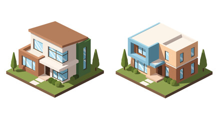 Two isometric modern house vector with different color schemes, surrounded by small trees and grass lawns, presented on a white background.